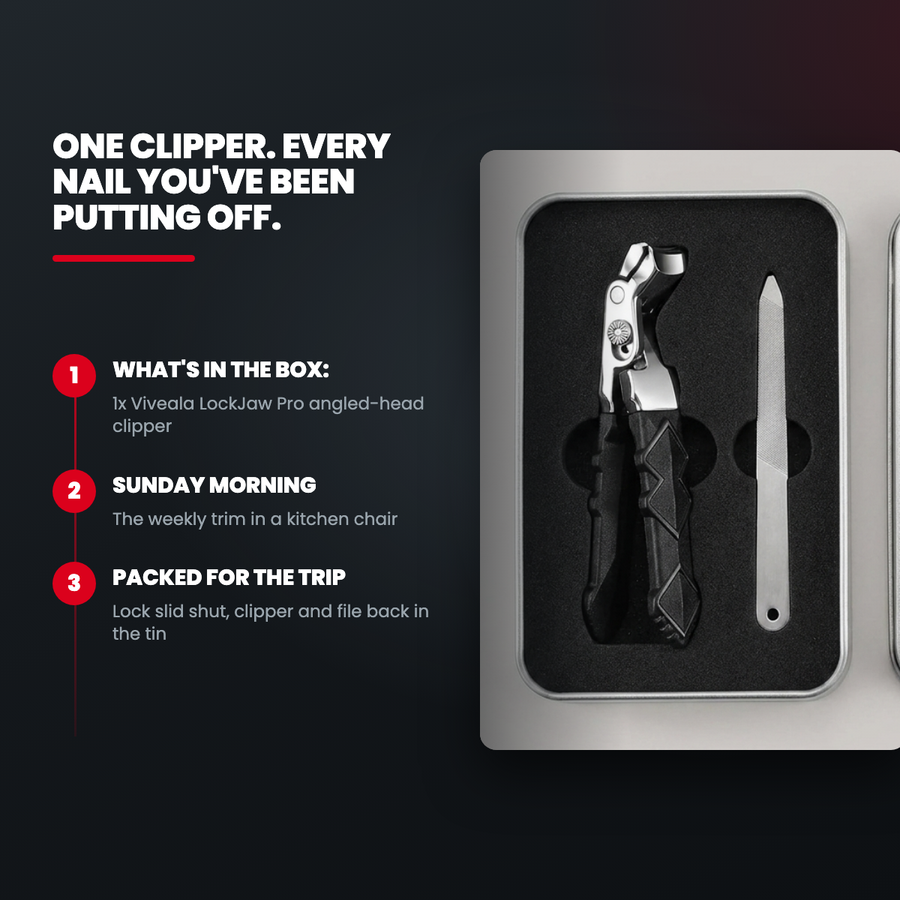 What arrives: angled-head clipper and stainless nail file in a tin storage case