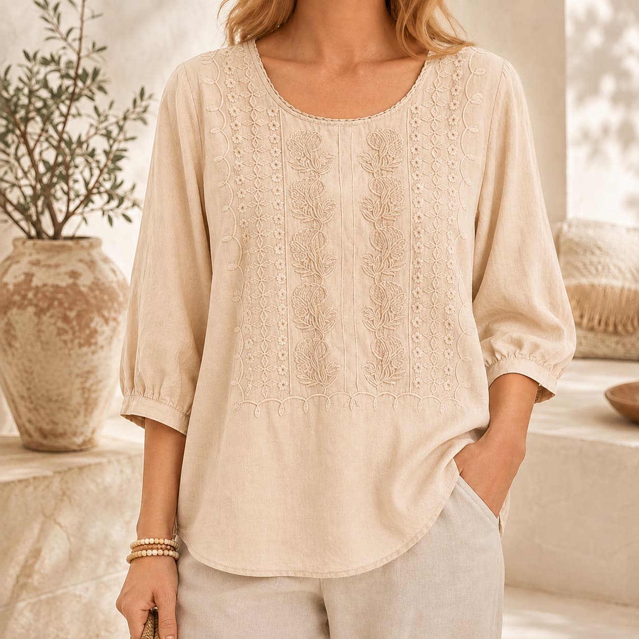 Linen Blouses for Women – 3/4 Sleeve Boho Embroidered Tops