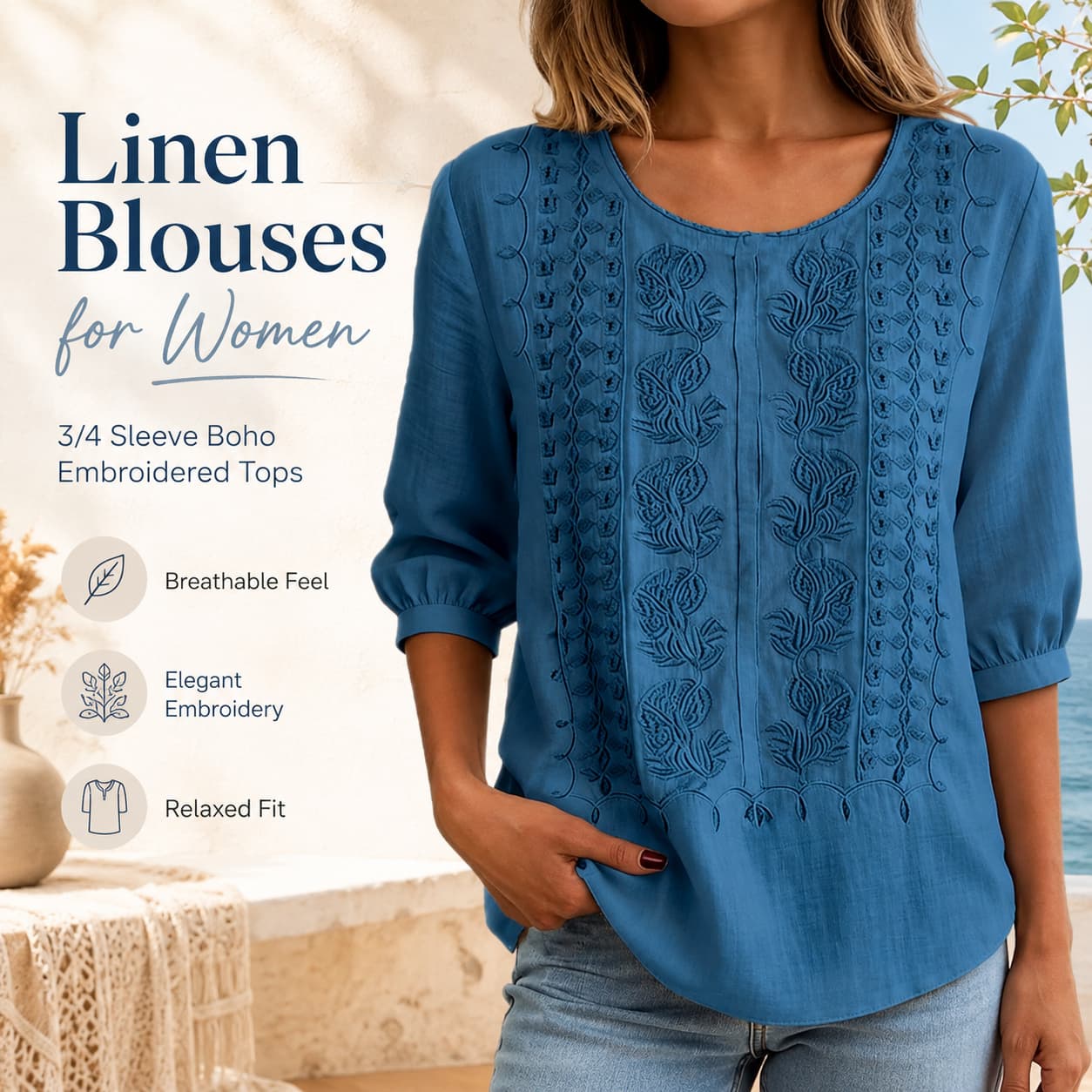 Linen Blouses for Women – 3/4 Sleeve Boho Embroidered Tops