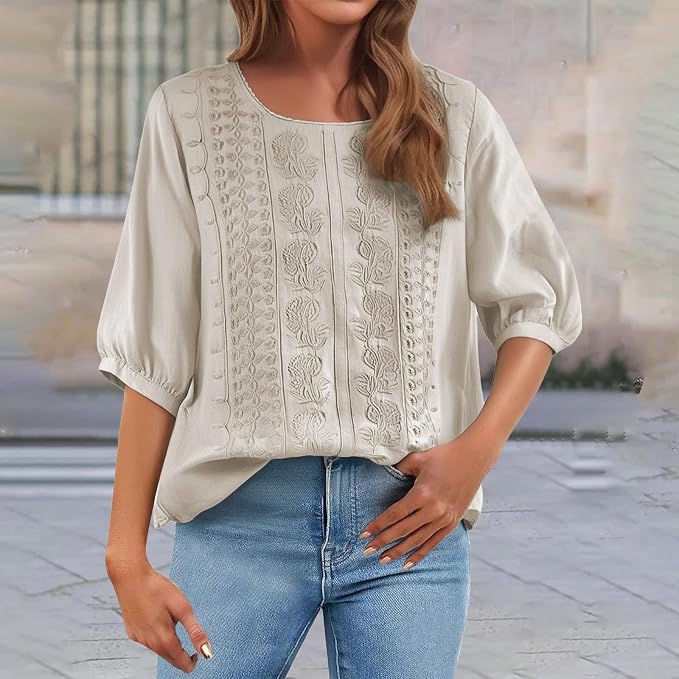 Linen Blouses for Women – 3/4 Sleeve Boho Embroidered Tops