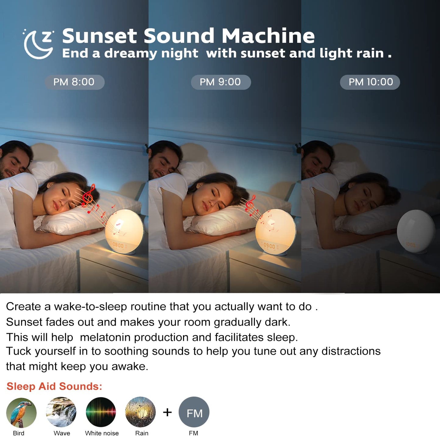 Radio réveil simulateur d'aube avec machine à son pour gros dormeur