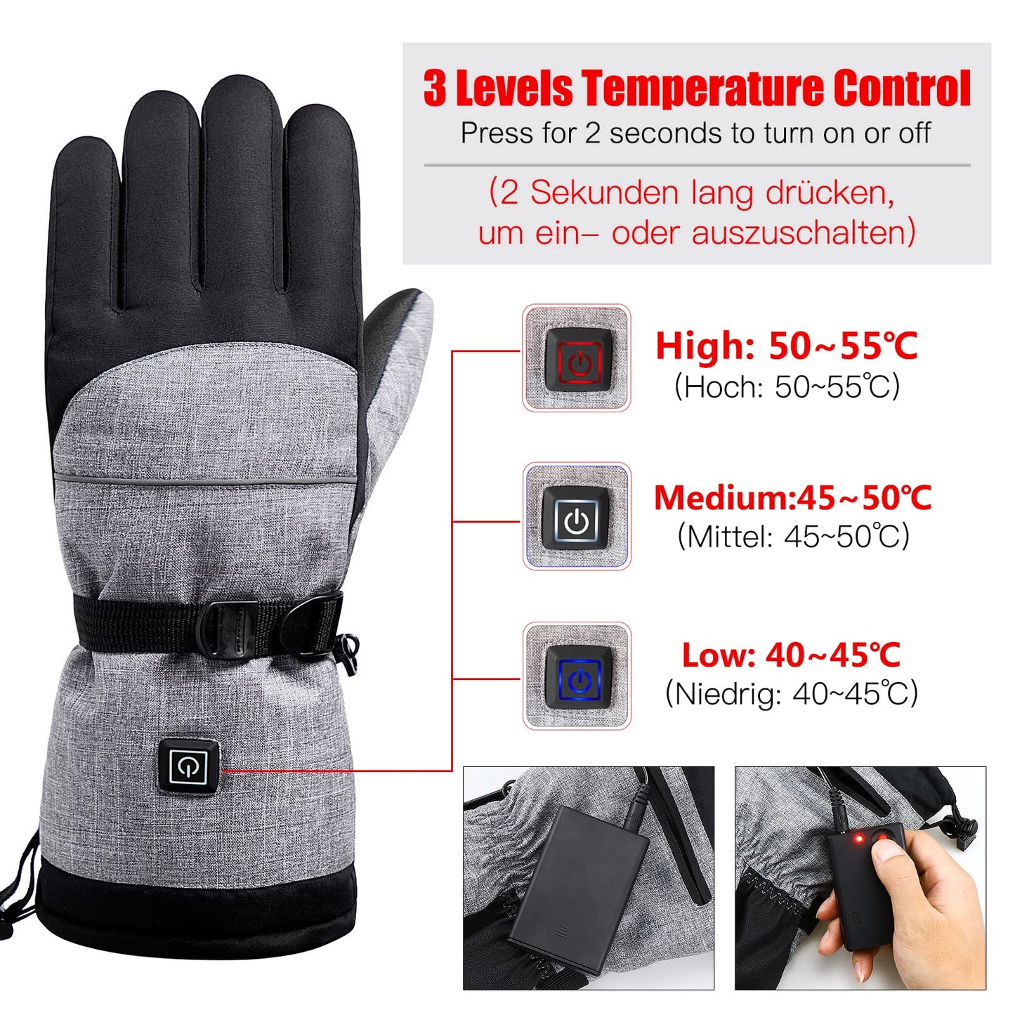 Gants chauffants à température réglable 40-55 °C