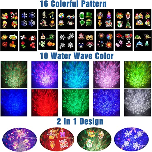 Projecteur lumineux d'Halloween 2 en 1 avec 16 motifs et effet vagues de l'océan