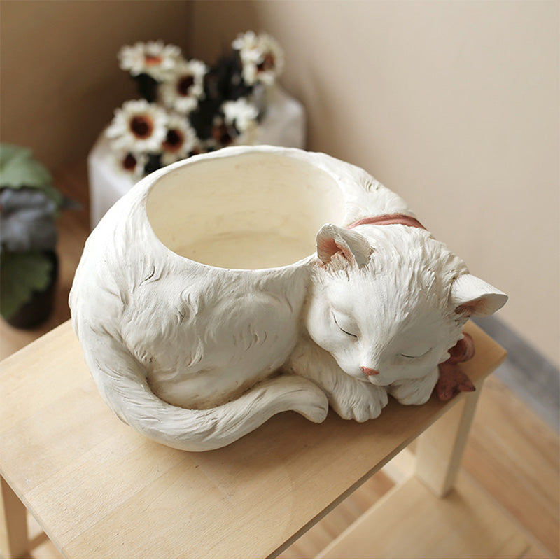 Pot de fleurs en résine créatif pour chat blanc mignon et bonsaï