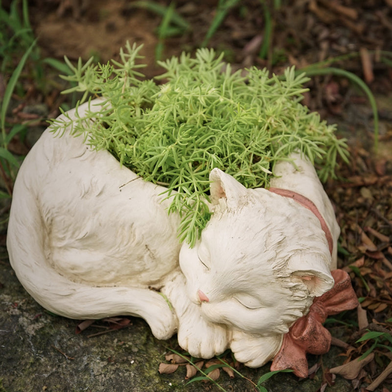 Pot de fleurs en résine créatif pour chat blanc mignon et bonsaï