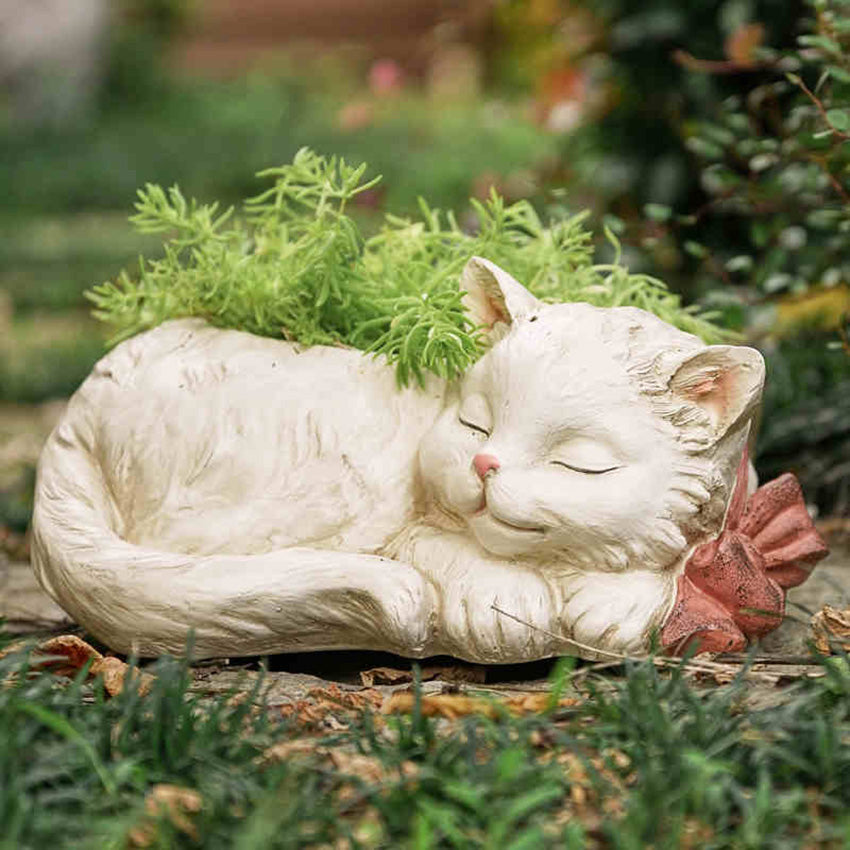 Pot de fleurs en résine créatif pour chat blanc mignon et bonsaï