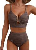 Yifare High-Waisted Textured Solid Color Swimsuit