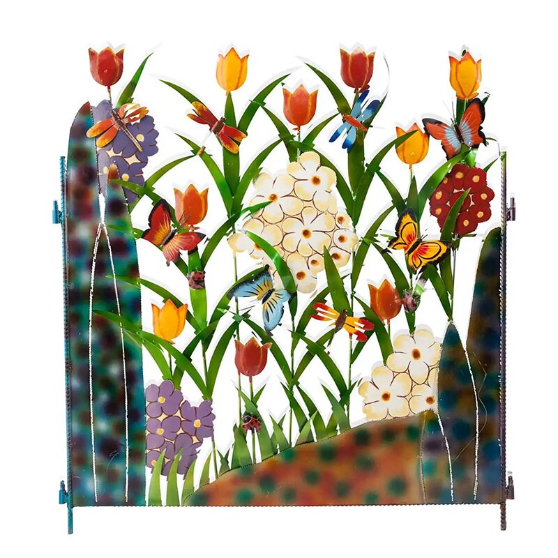 Paravent de jardin 3 panneaux en métal coloré Papillon et Fleurs