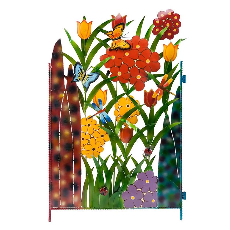 Paravent de jardin 3 panneaux en métal coloré Papillon et Fleurs