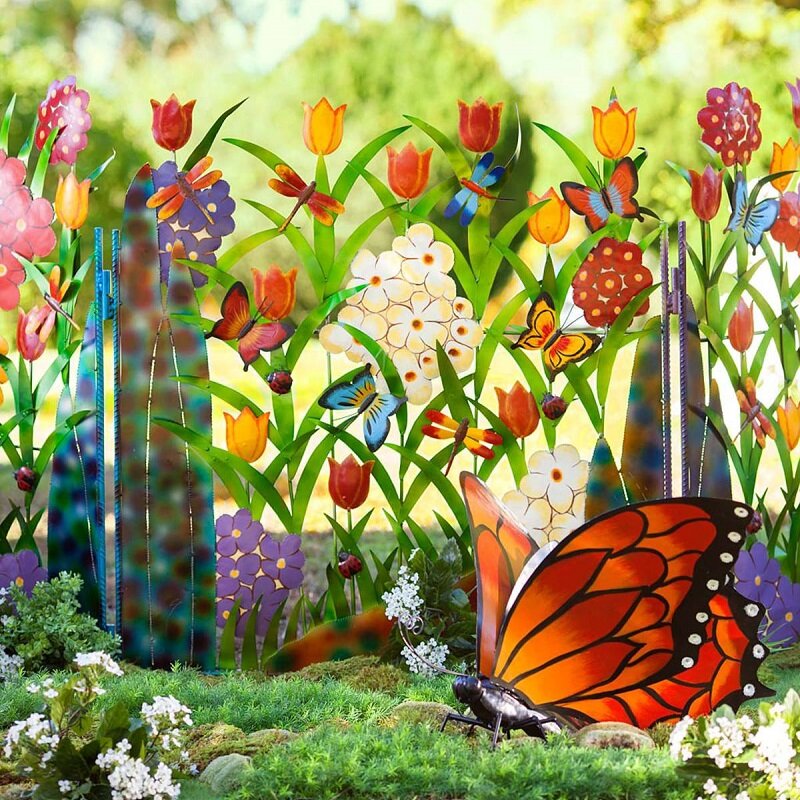 Paravent de jardin 3 panneaux en métal coloré Papillon et Fleurs