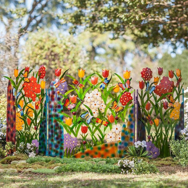 Paravent de jardin 3 panneaux en métal coloré Papillon et Fleurs