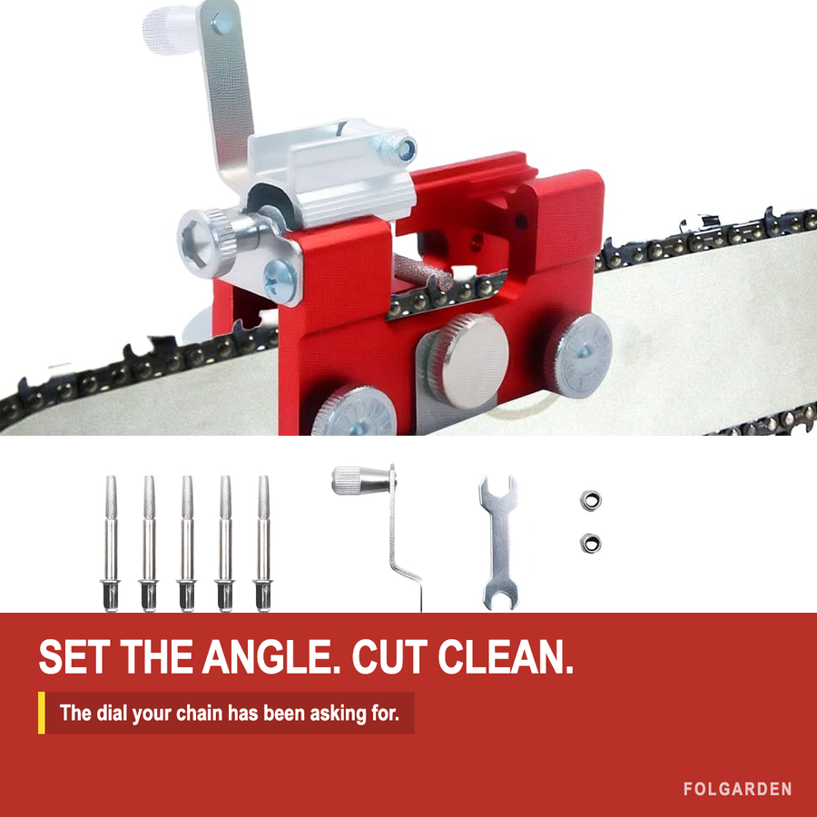 Folgarden AngleSet chainsaw sharpener clamped to a chainsaw bar, with its crank, five diamond burrs, wrench and lock nuts