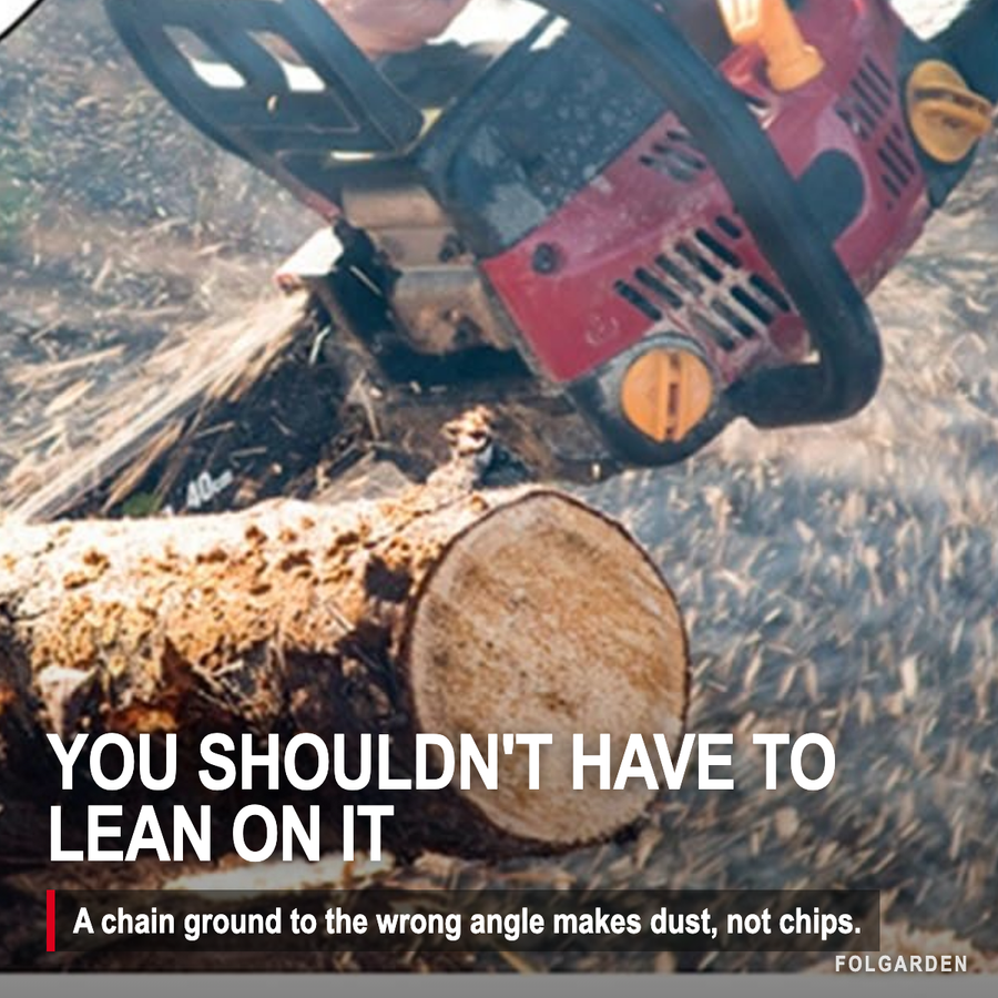 A chainsaw being pushed through a log, showing what a chain ground to the wrong angle does