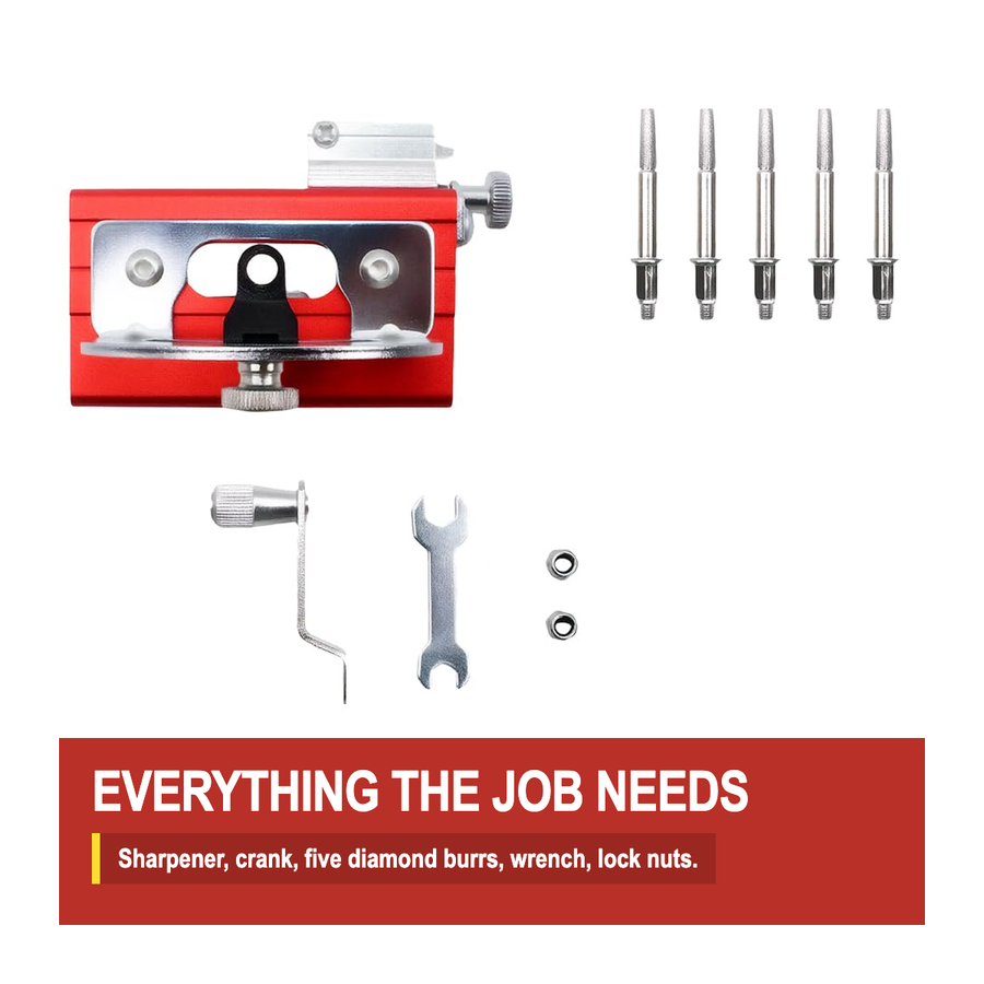 Everything in the box: sharpener body, crank handle, five diamond burrs, open-end wrench and two lock nuts