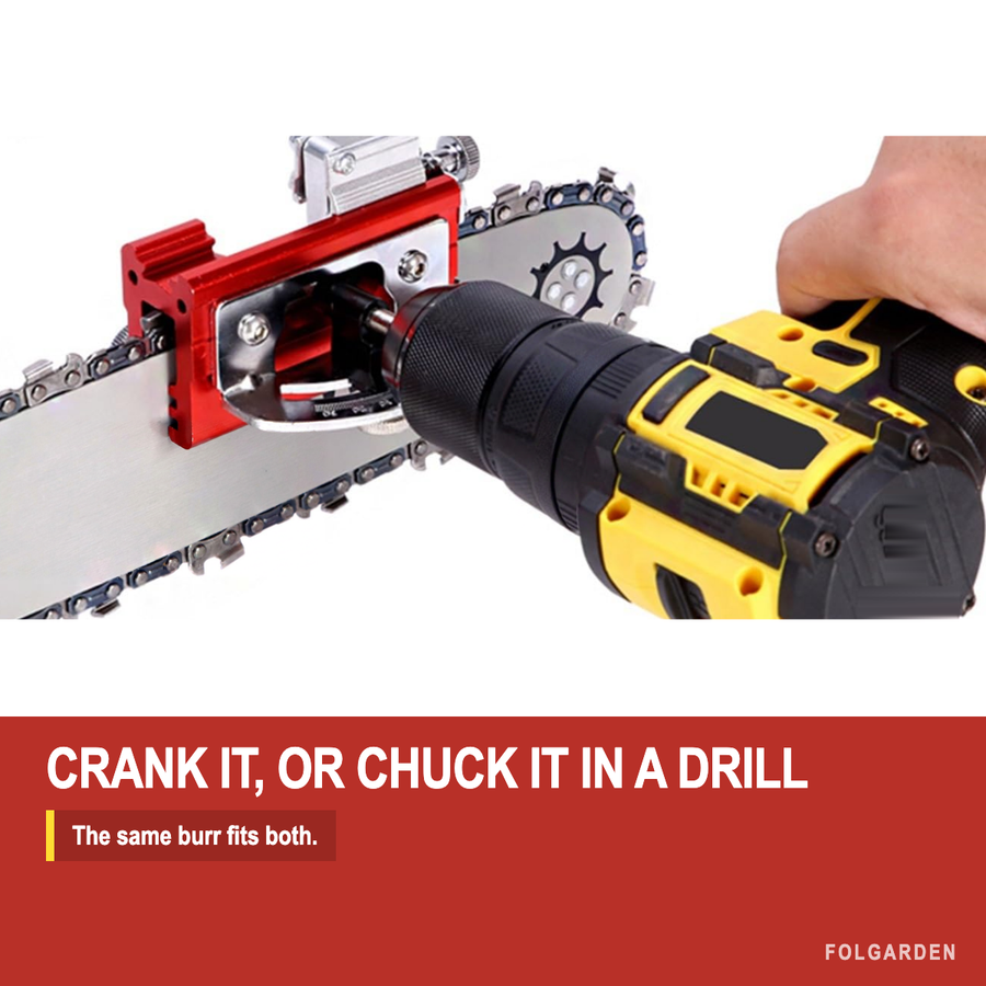 The same diamond burr driven by a cordless drill while the sharpener rides the bar