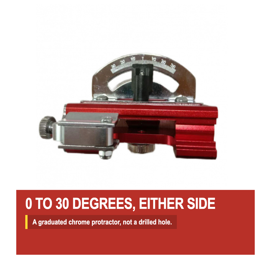 The graduated chrome protractor, marked 0 to 30 degrees either side of centre