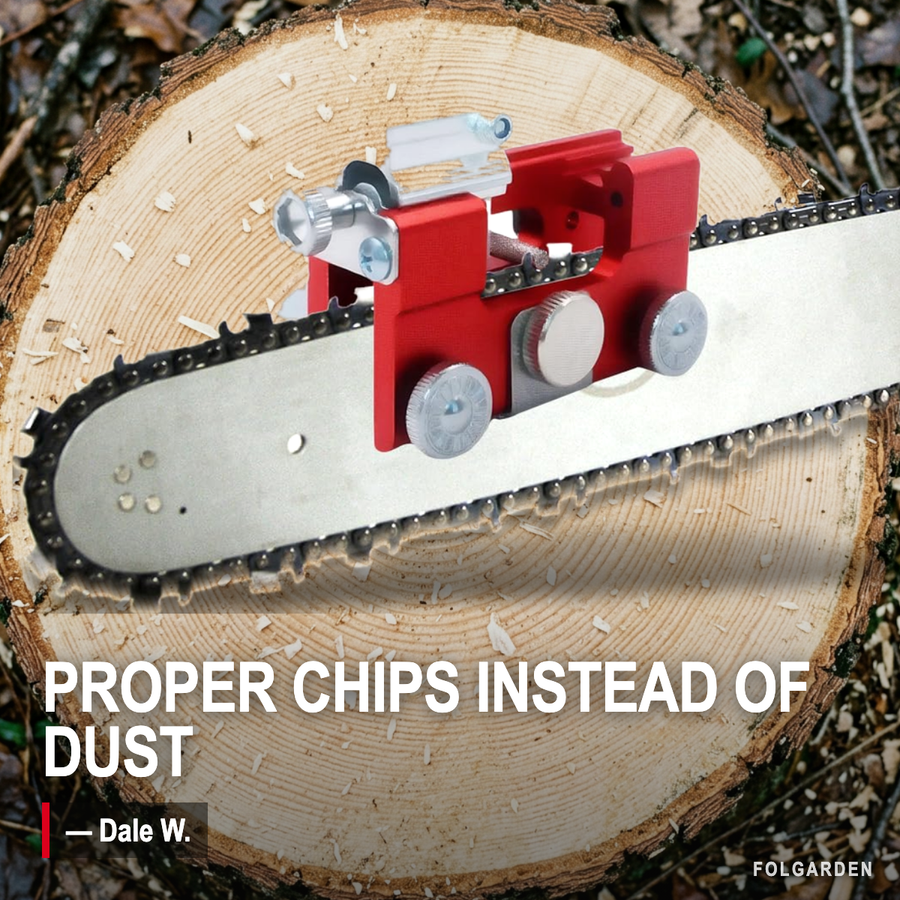 The sharpener fitted to a chainsaw bar, resting on a freshly sawn stump