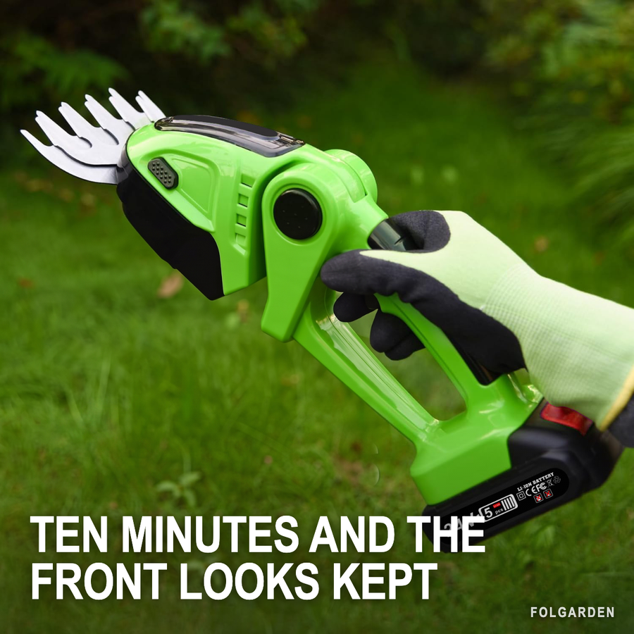 Ten minutes and the front looks kept — Folgarden 2-in-1 trimmer in use