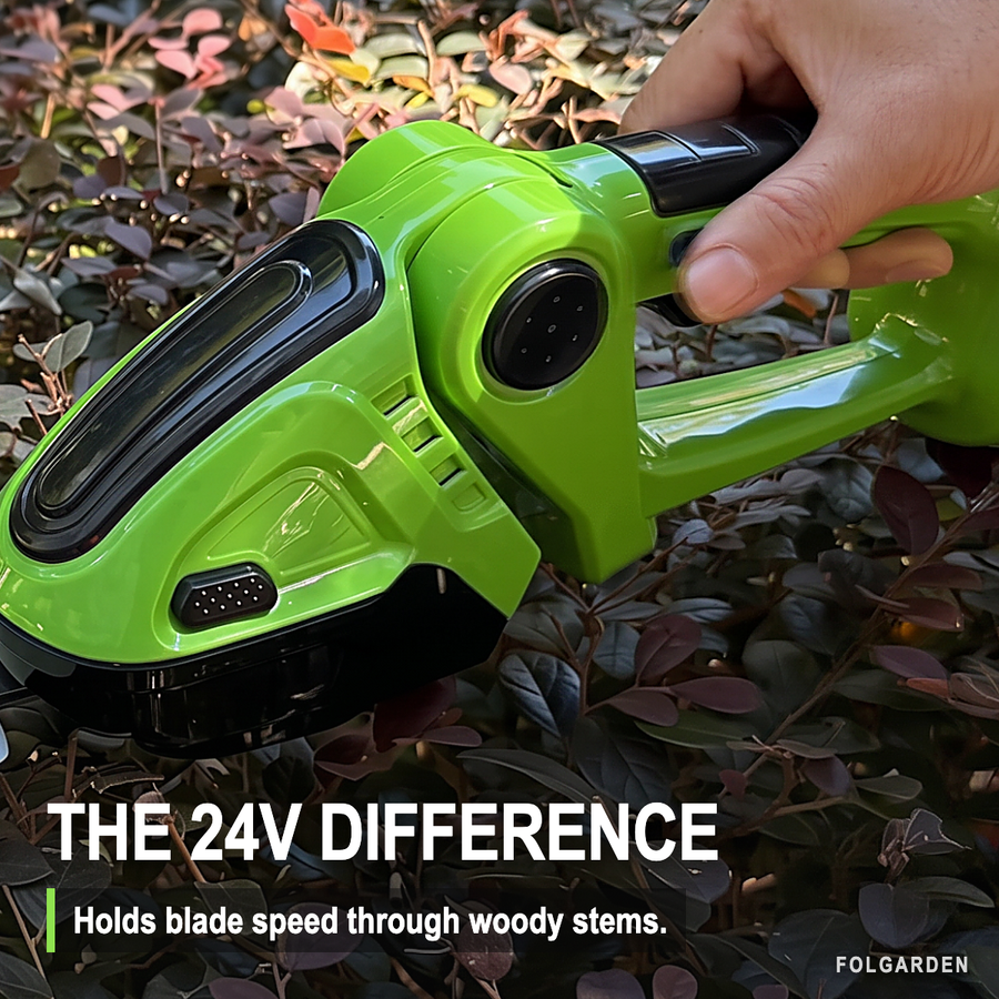 The 24V difference — blade working through woody stems