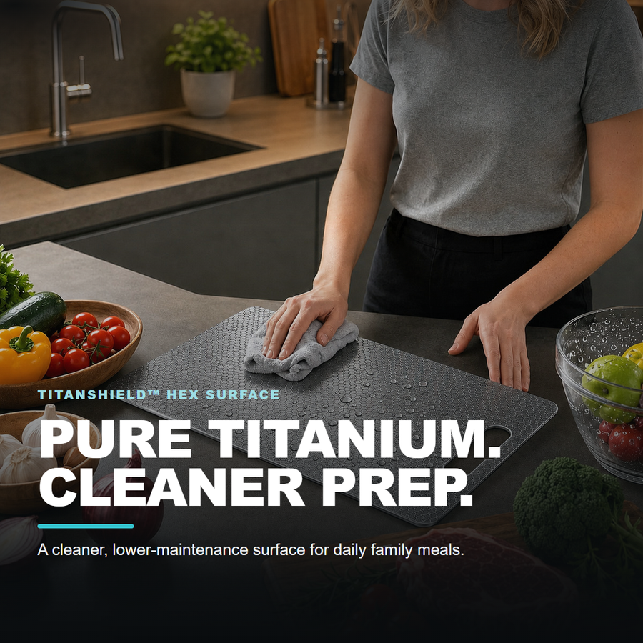 TitanShield pure titanium cutting board being wiped clean with Pure Titanium Cleaner Prep headline