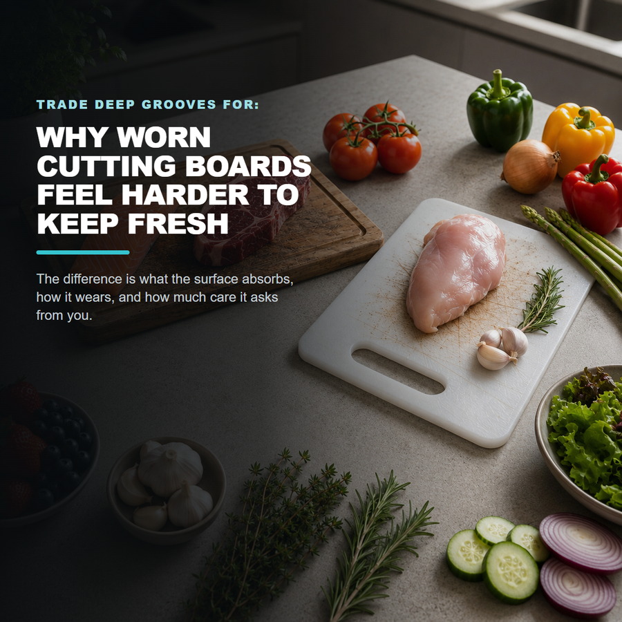 Worn wood and plastic cutting boards during meal prep