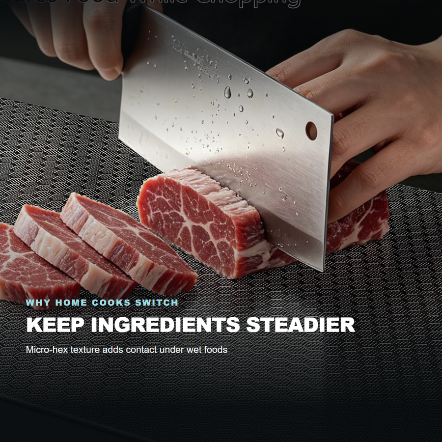 Meat being sliced on TitanShield hex surface