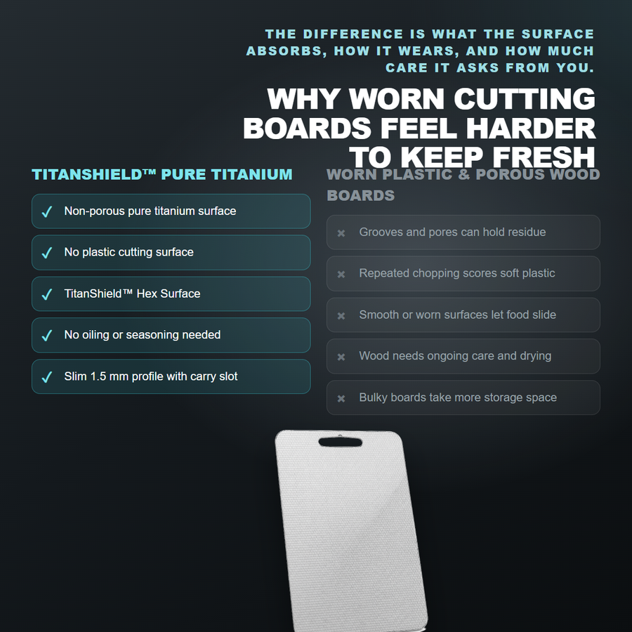 TitanShield titanium compared with worn plastic and wood boards
