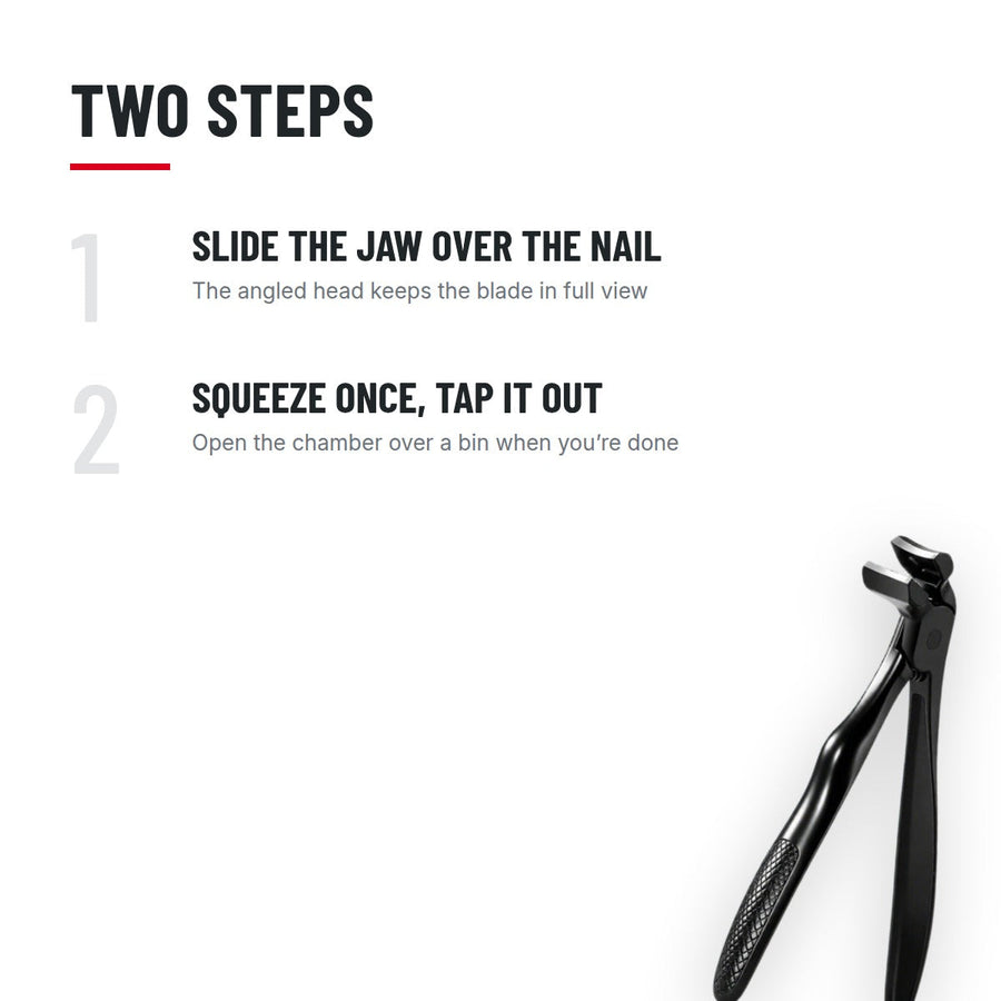 Two steps: slide the jaw over the nail, squeeze once and tap the chamber out