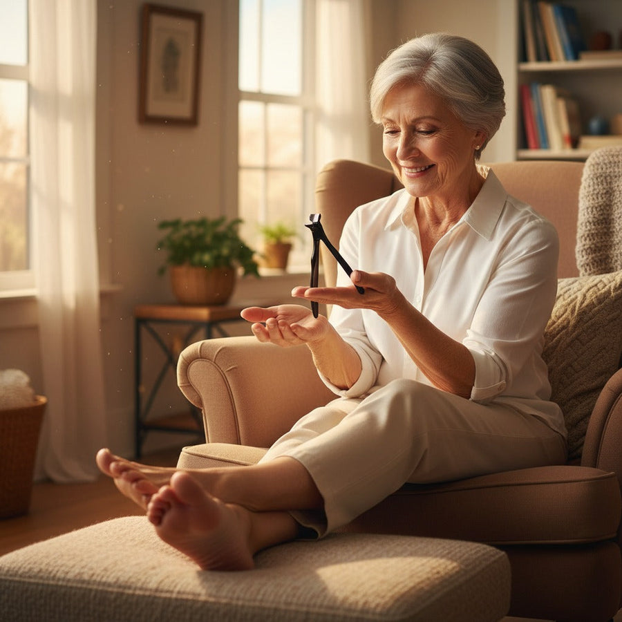 Relaxed at home after trimming toenails without bending