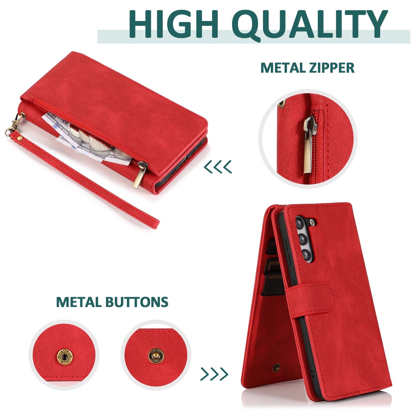 Luxury Skin Feel Multi-card Zipper Leather Case For Samsung Series