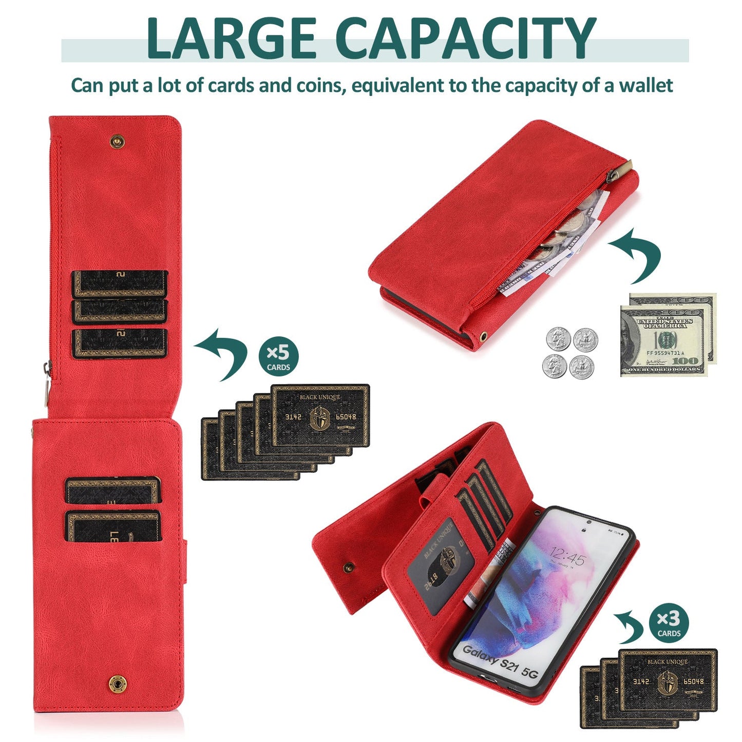 Luxury Skin Feel Multi-card Zipper Leather Case For Samsung Series