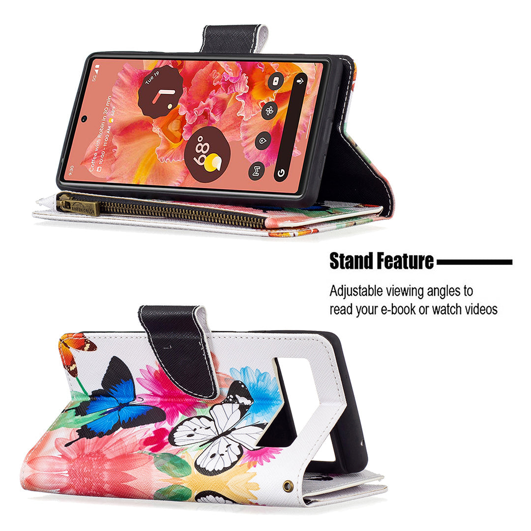 Large Capacity Painted Zipper Leather Case For Google Pixel 6 Pro