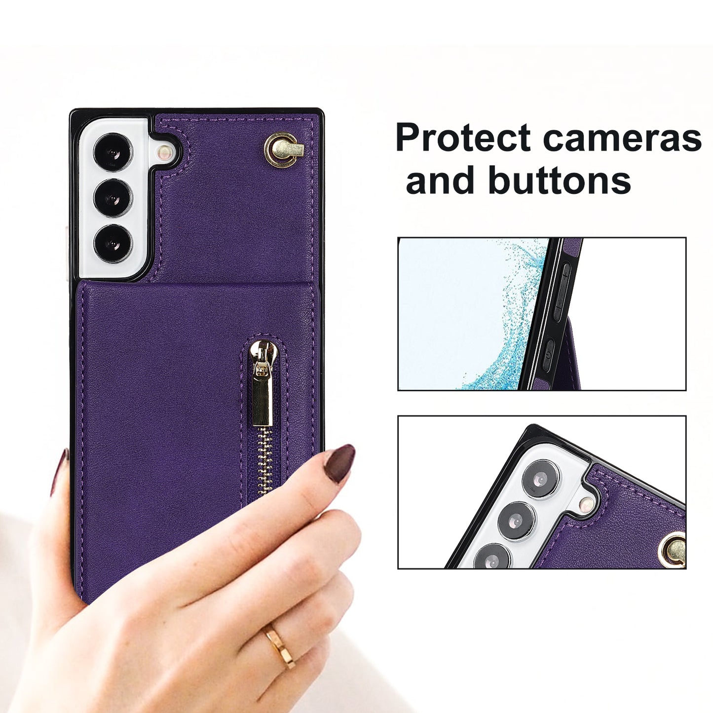 Nouvelle coque portefeuille à fermeture éclair avec bandoulière pour Samsung S21FE