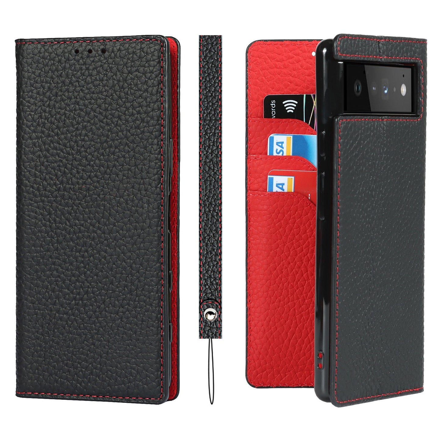 Étui portefeuille avec motif litchi pour téléphone Google Pixel Series