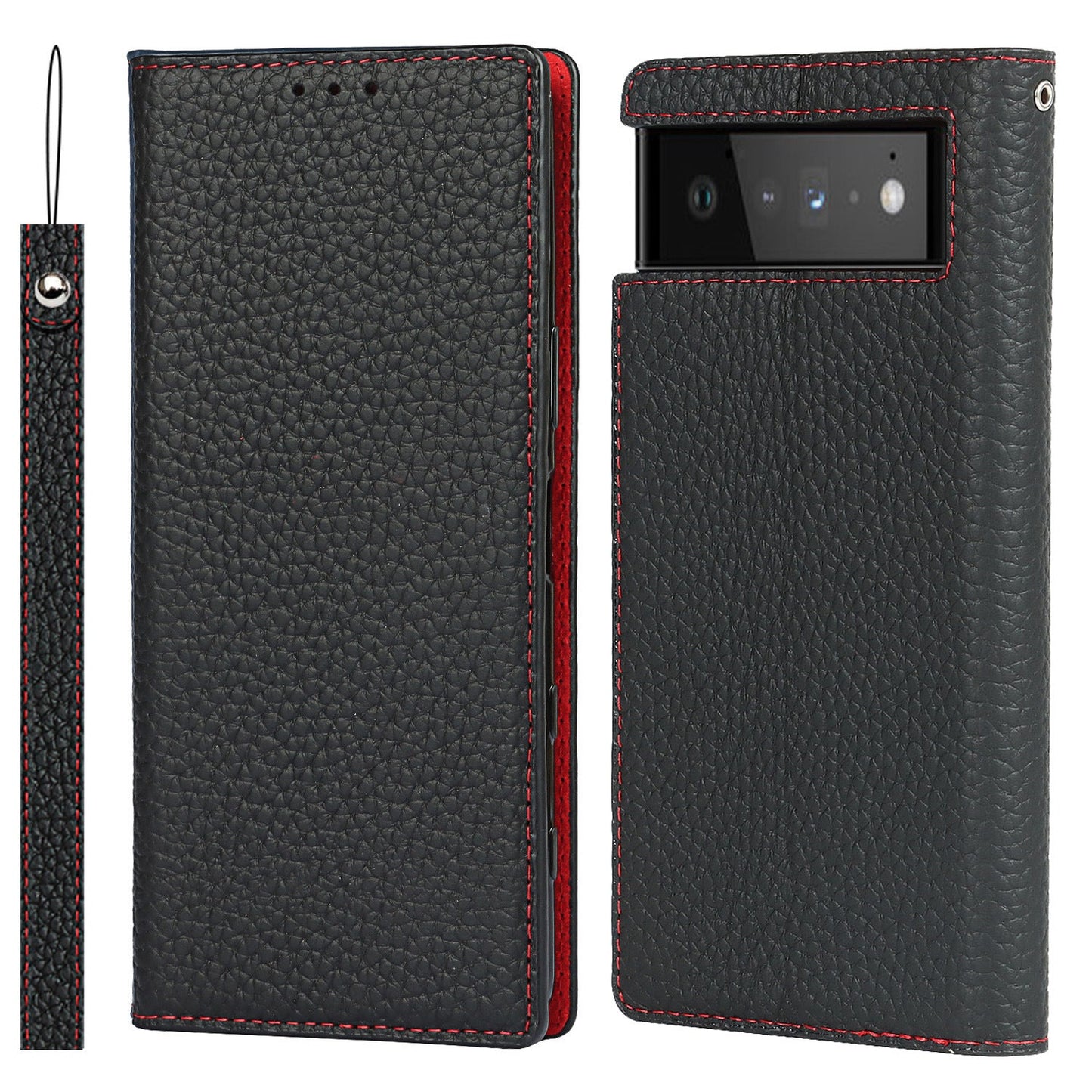 Étui portefeuille avec motif litchi pour téléphone Google Pixel Series