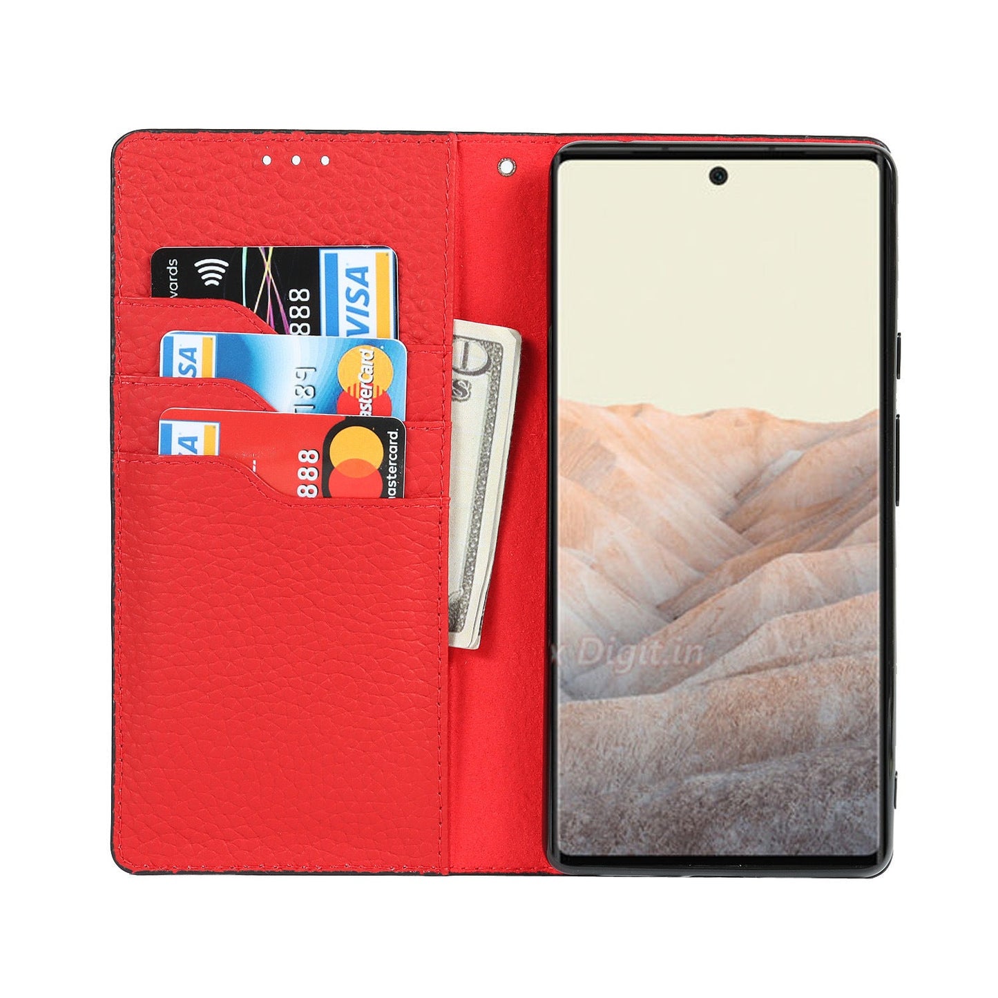 Étui portefeuille avec motif litchi pour téléphone Google Pixel Series