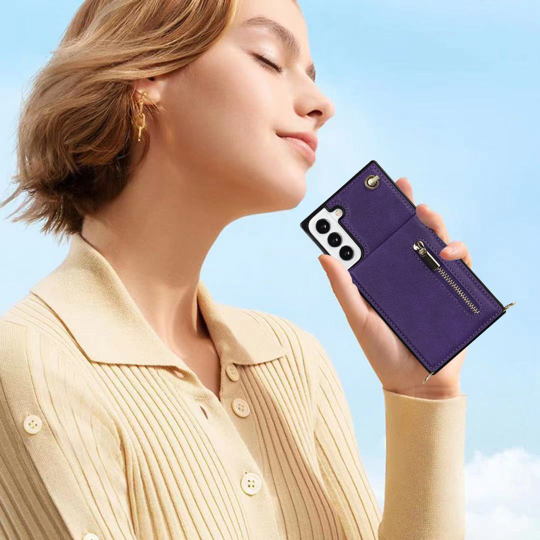 Nouvelle coque portefeuille à fermeture éclair avec bandoulière pour Samsung S21FE