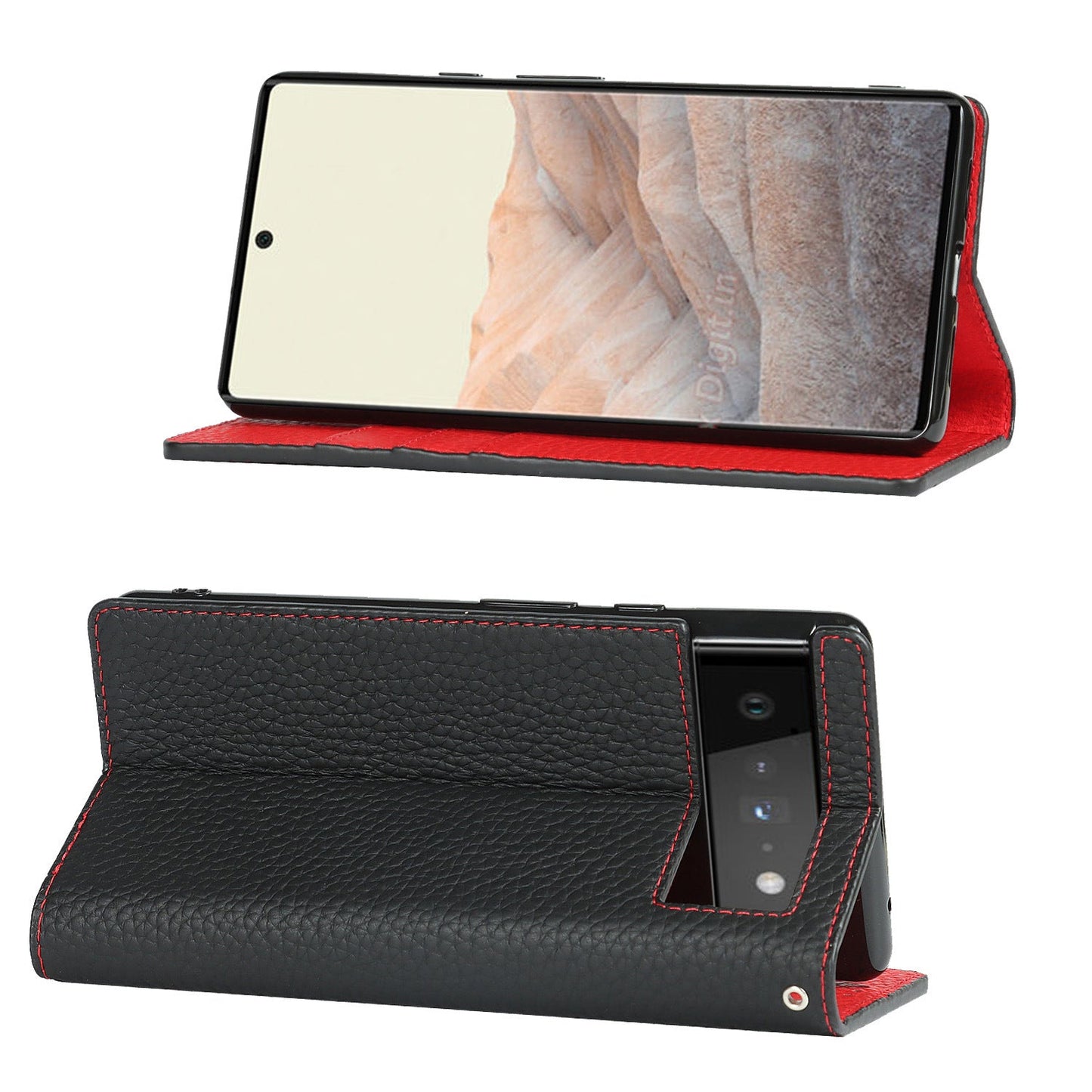 Étui portefeuille avec motif litchi pour téléphone Google Pixel Series