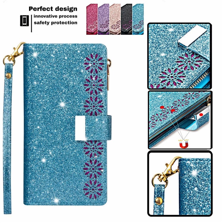 Étui à rabat en cuir scintillant et girly pour Samsung S21 Series