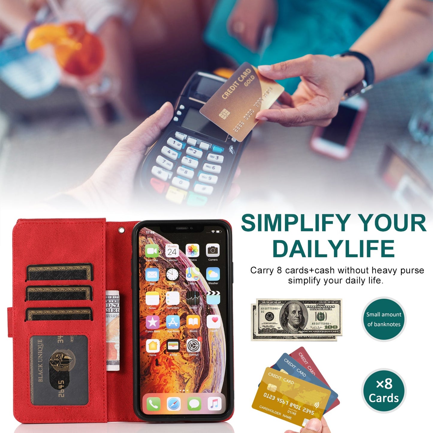 Luxury Skin Feel Multi-card Zipper Leather Case For iPhone X/XS