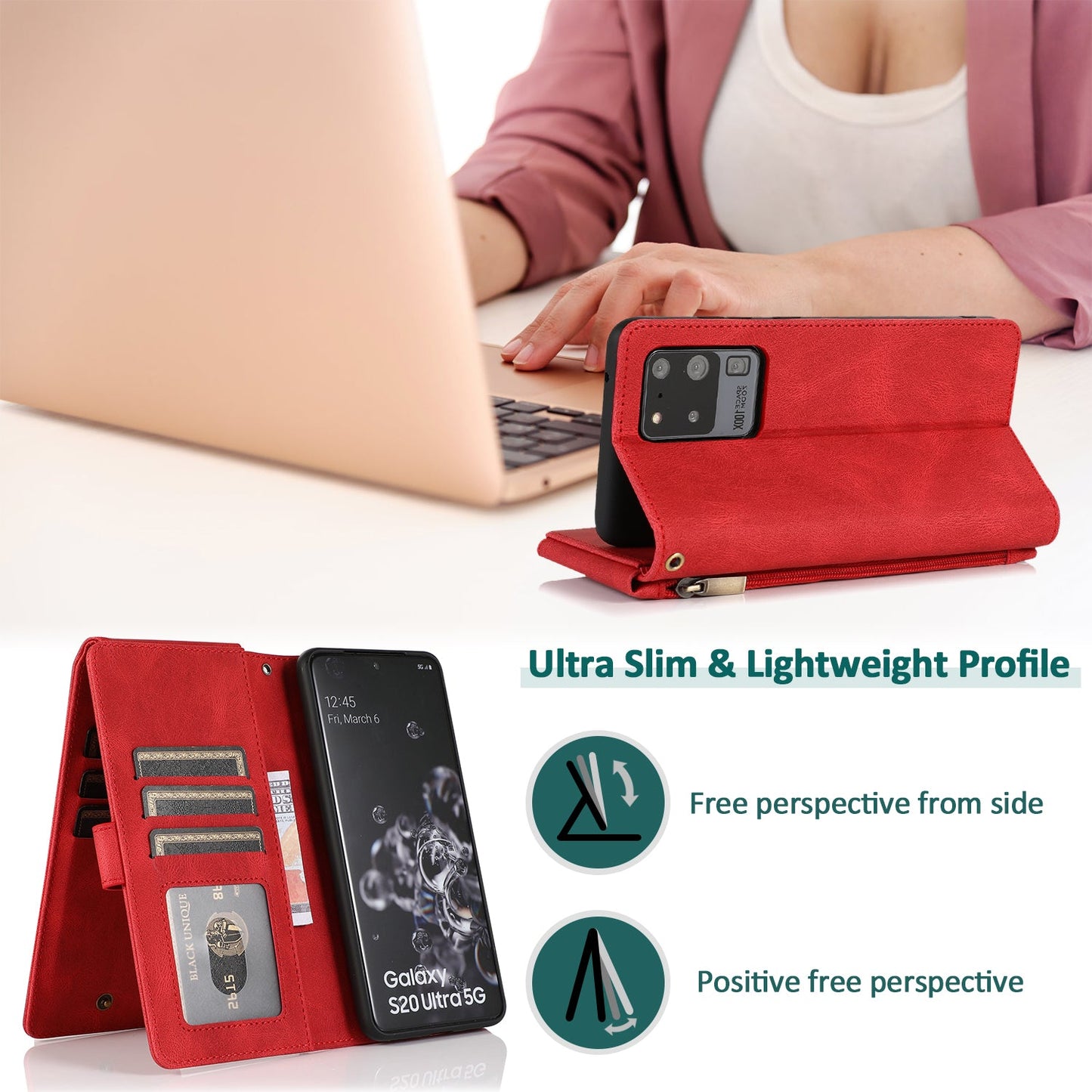 Étui en cuir de luxe avec fermeture éclair et emplacements multiples pour Samsung S20 Ultra