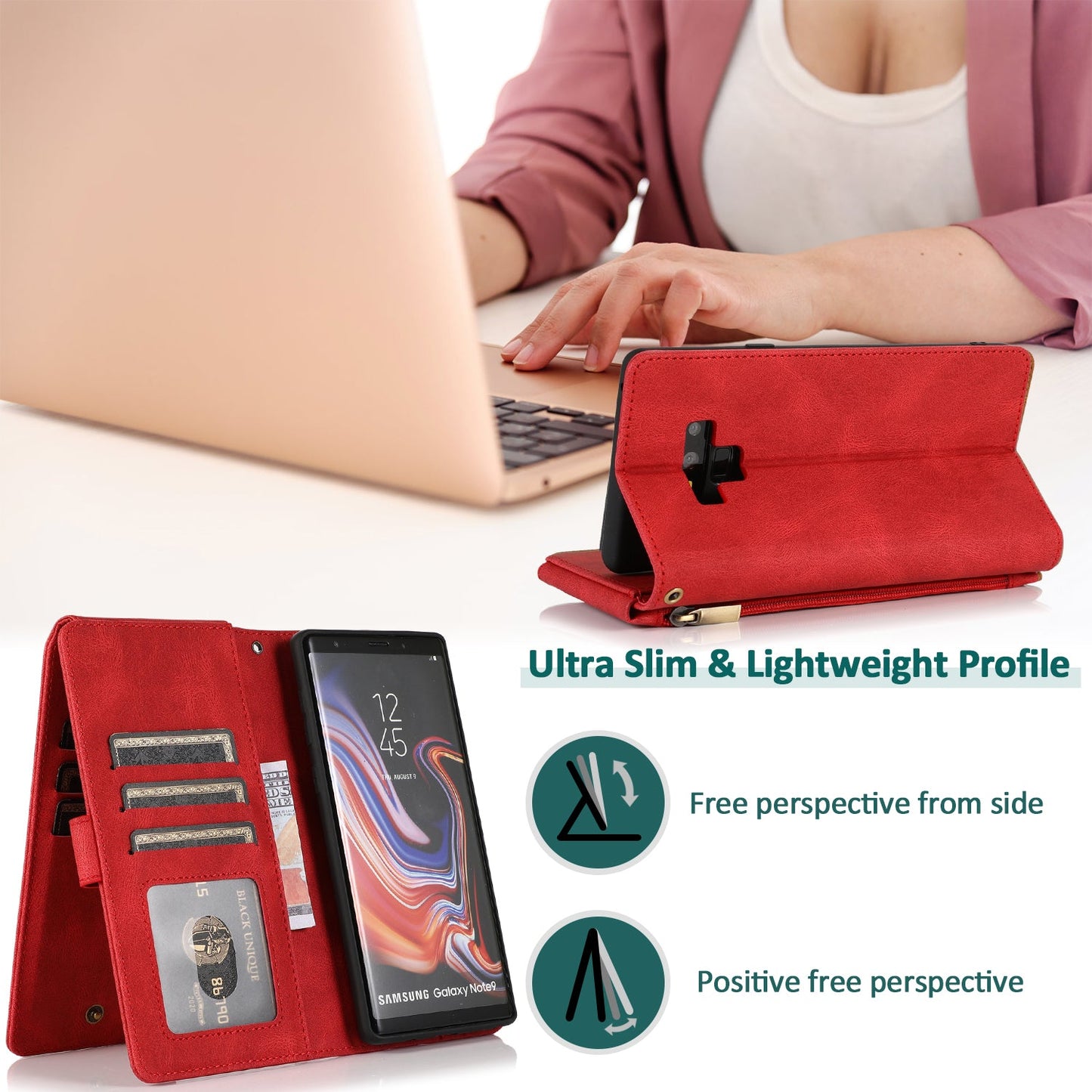 Étui en cuir de luxe multi-cartes à fermeture éclair pour Samsung Note9