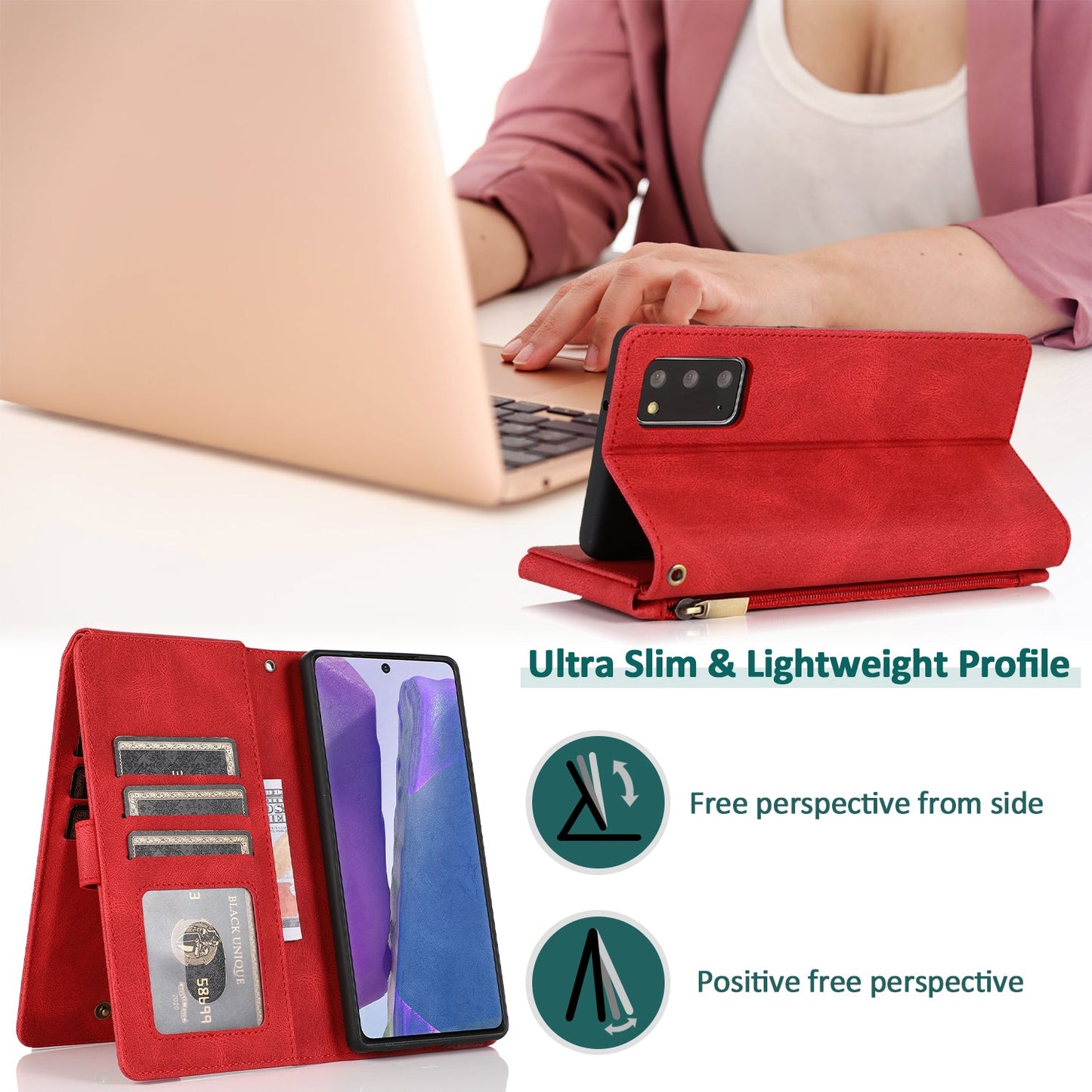 Étui en cuir de luxe avec fermeture éclair et emplacements pour cartes multiples pour Samsung Note20/Note20 5G