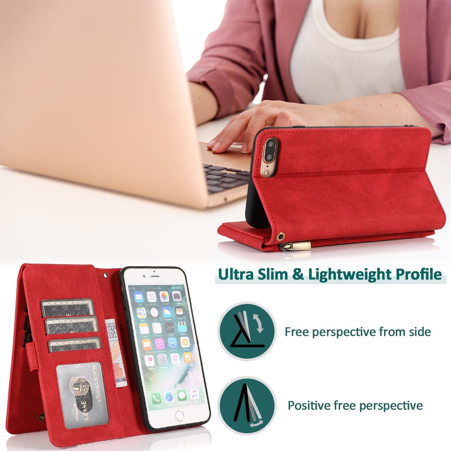 Étui en cuir de luxe avec fermeture éclair et emplacements pour cartes multiples pour iPhone 7 Plus/8 Plus