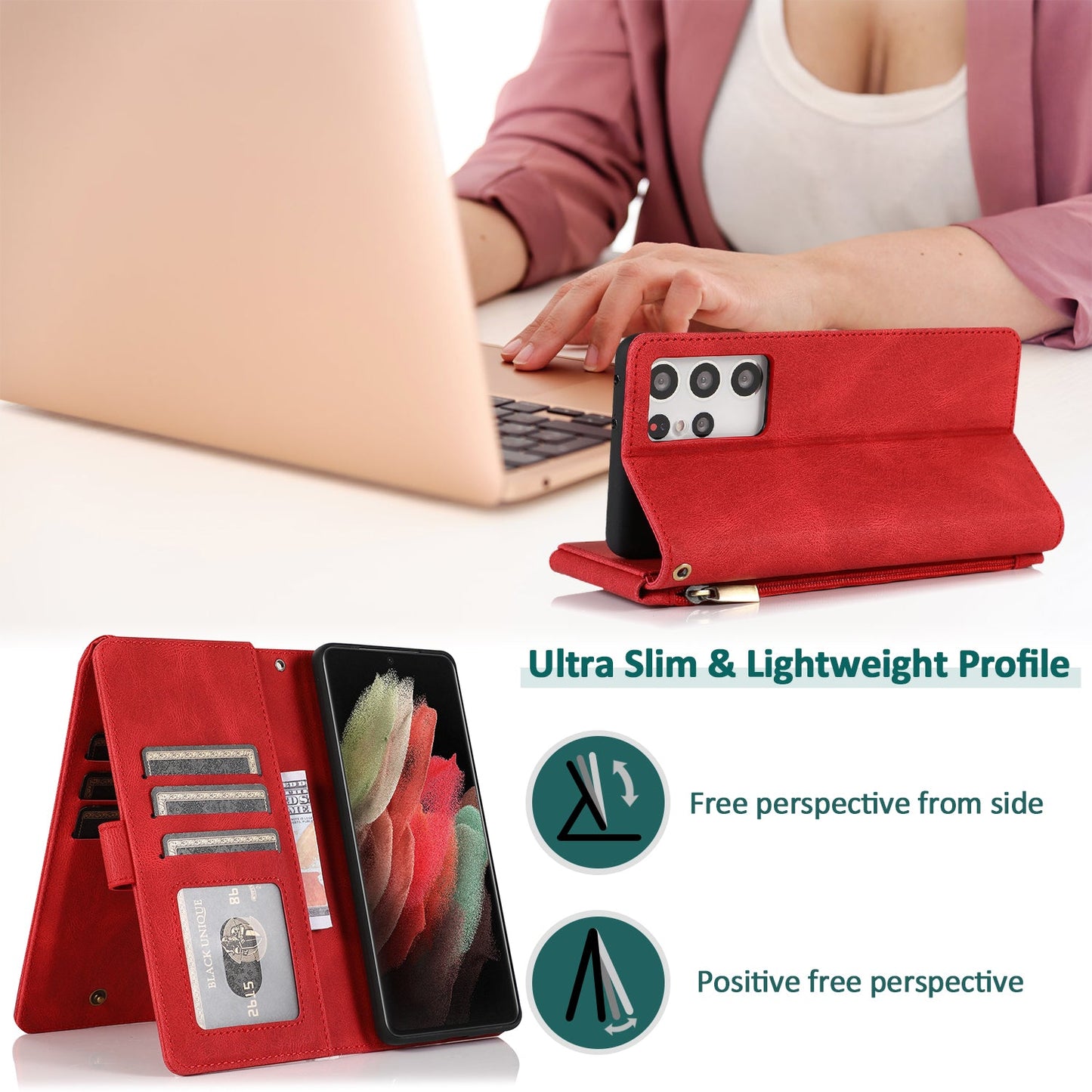 Étui en cuir de luxe avec fermeture éclair et multiples rangements pour cartes pour Samsung S21 Ultra