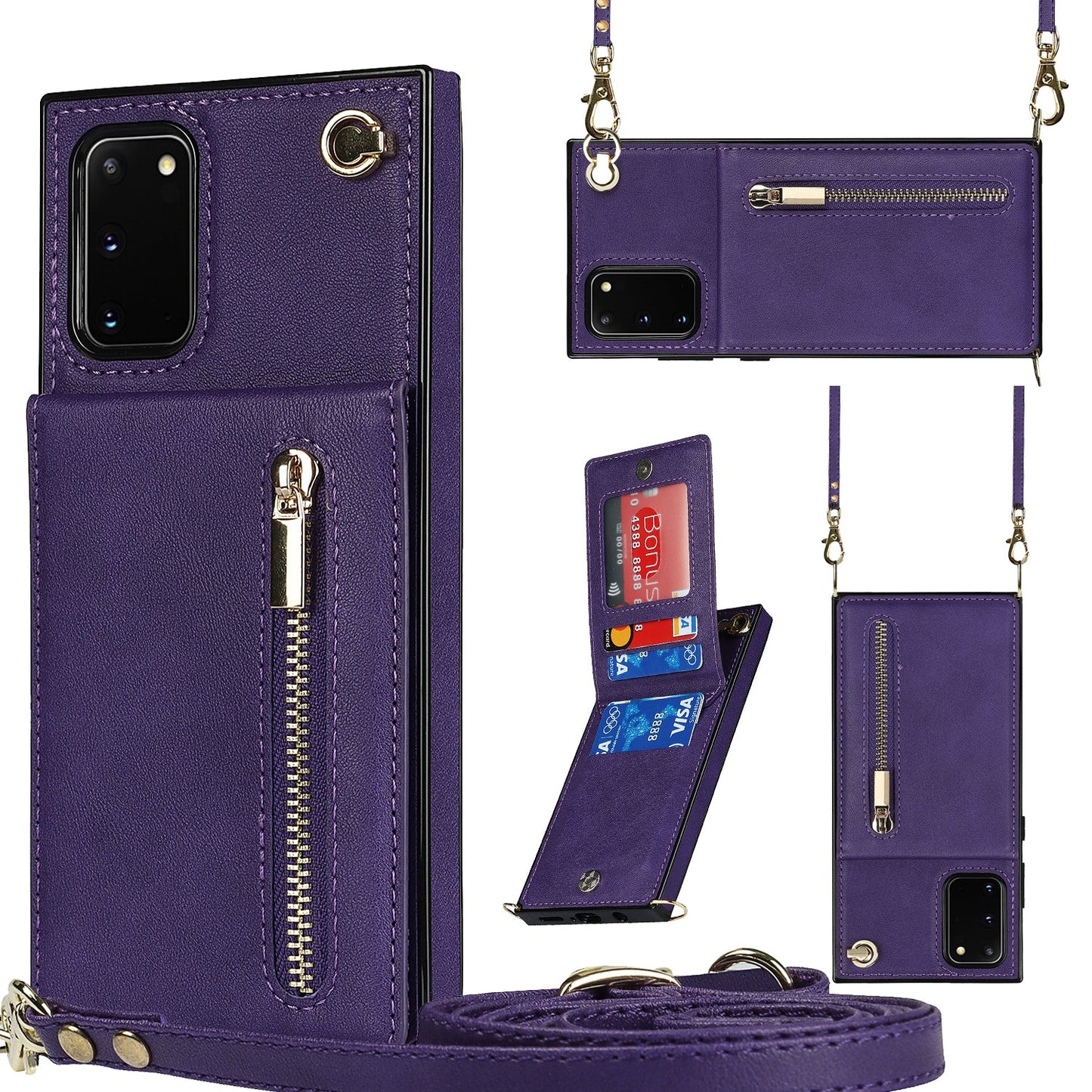 Nouvel étui de téléphone portefeuille à fermeture éclair bandoulière pour Samsung S20