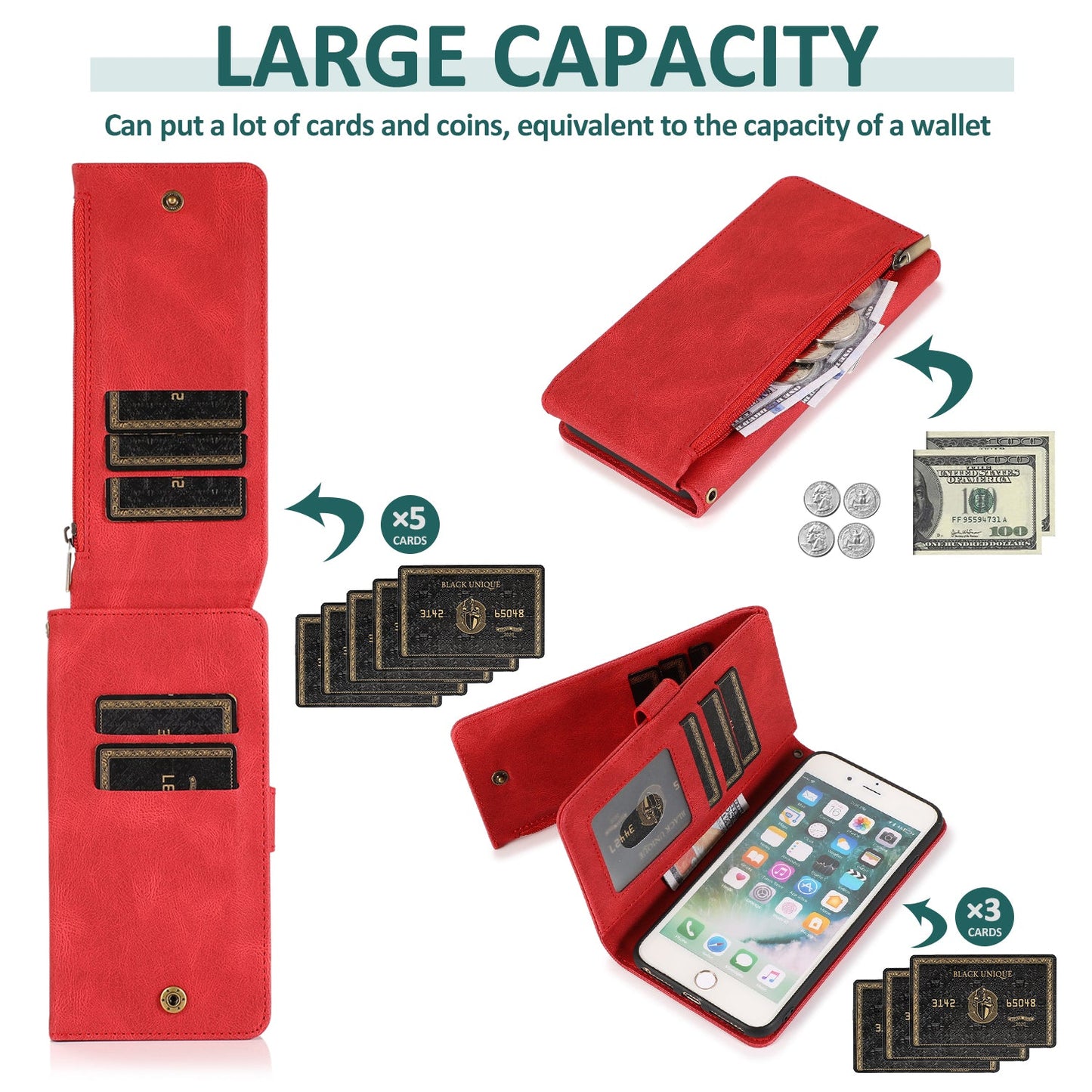 Étui en cuir de luxe avec fermeture éclair et emplacements pour cartes multiples pour iPhone 7 Plus/8 Plus