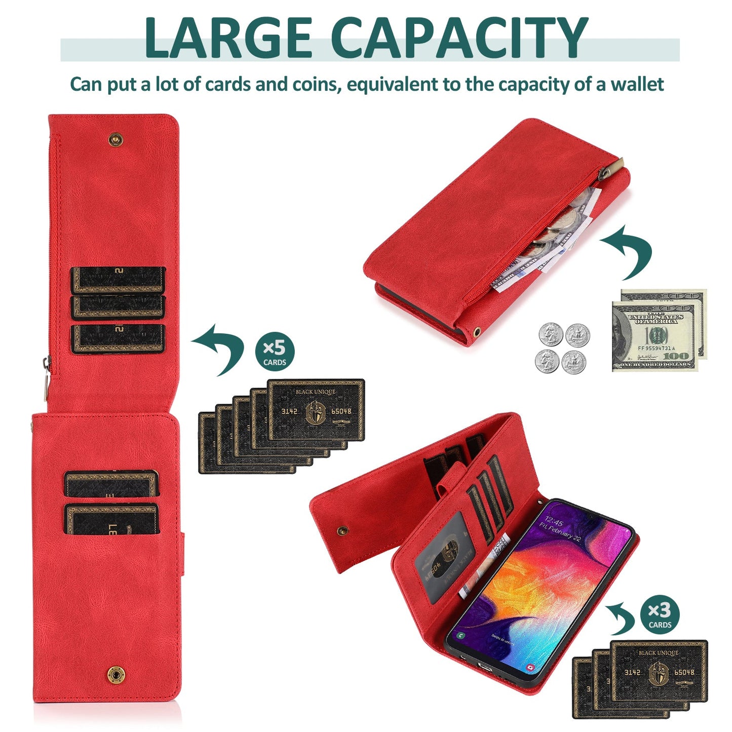 Étui en cuir de luxe à fermeture éclair multi-cartes pour Samsung A70