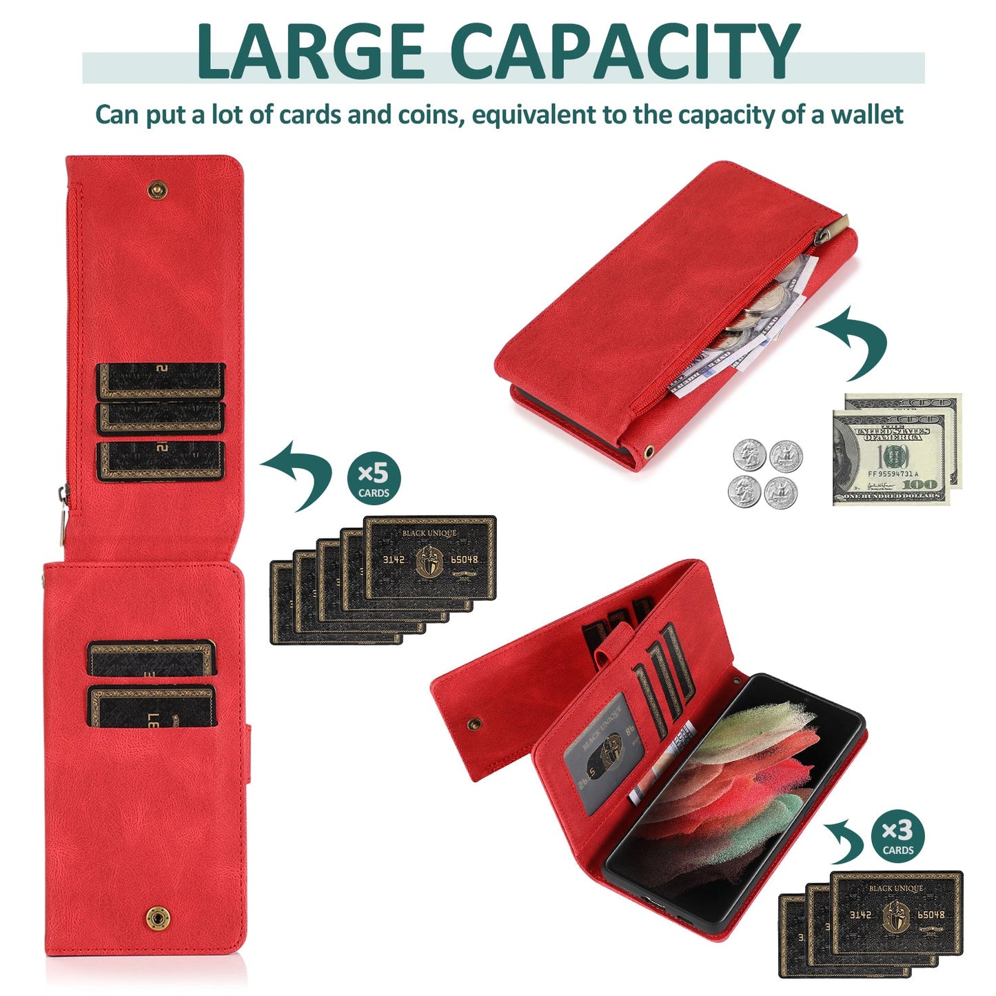 Étui en cuir de luxe avec fermeture éclair et multiples rangements pour cartes pour Samsung S21 Ultra