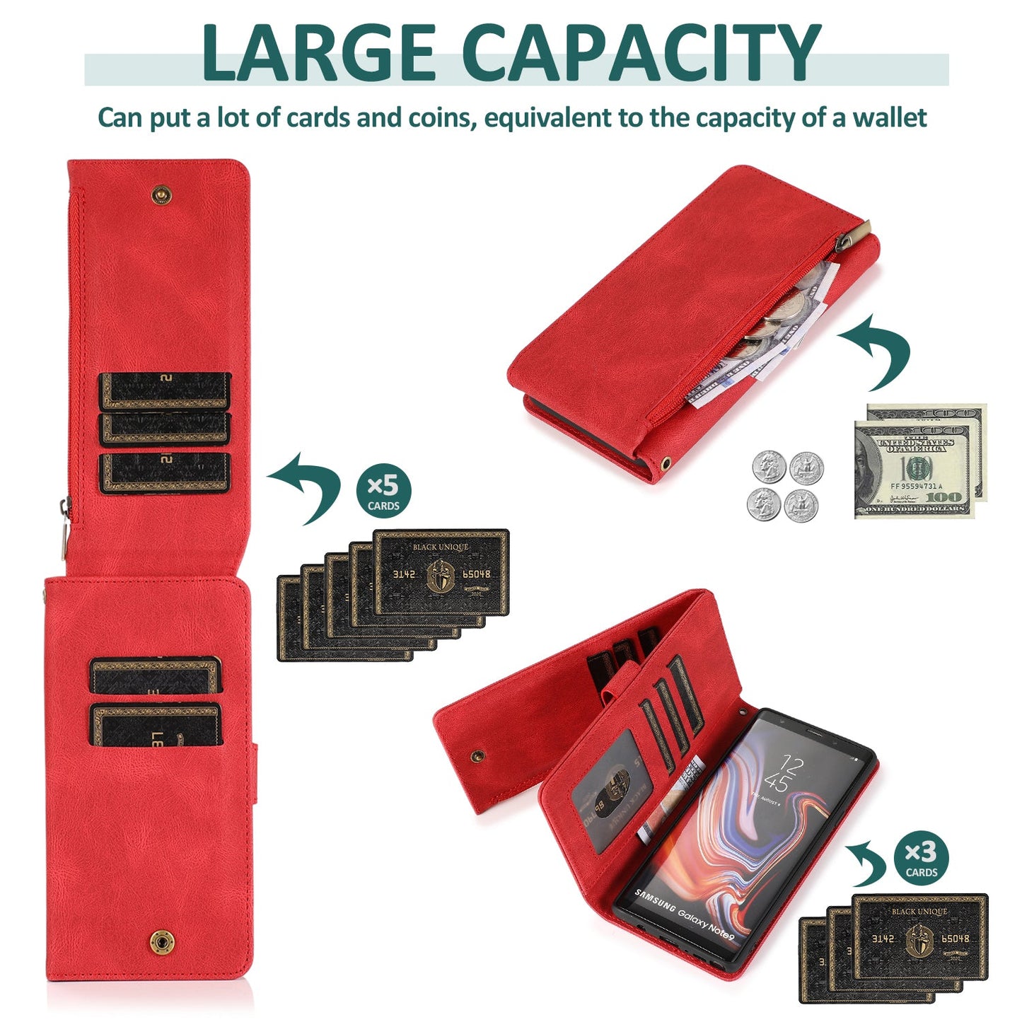 Étui en cuir de luxe multi-cartes à fermeture éclair pour Samsung Note9
